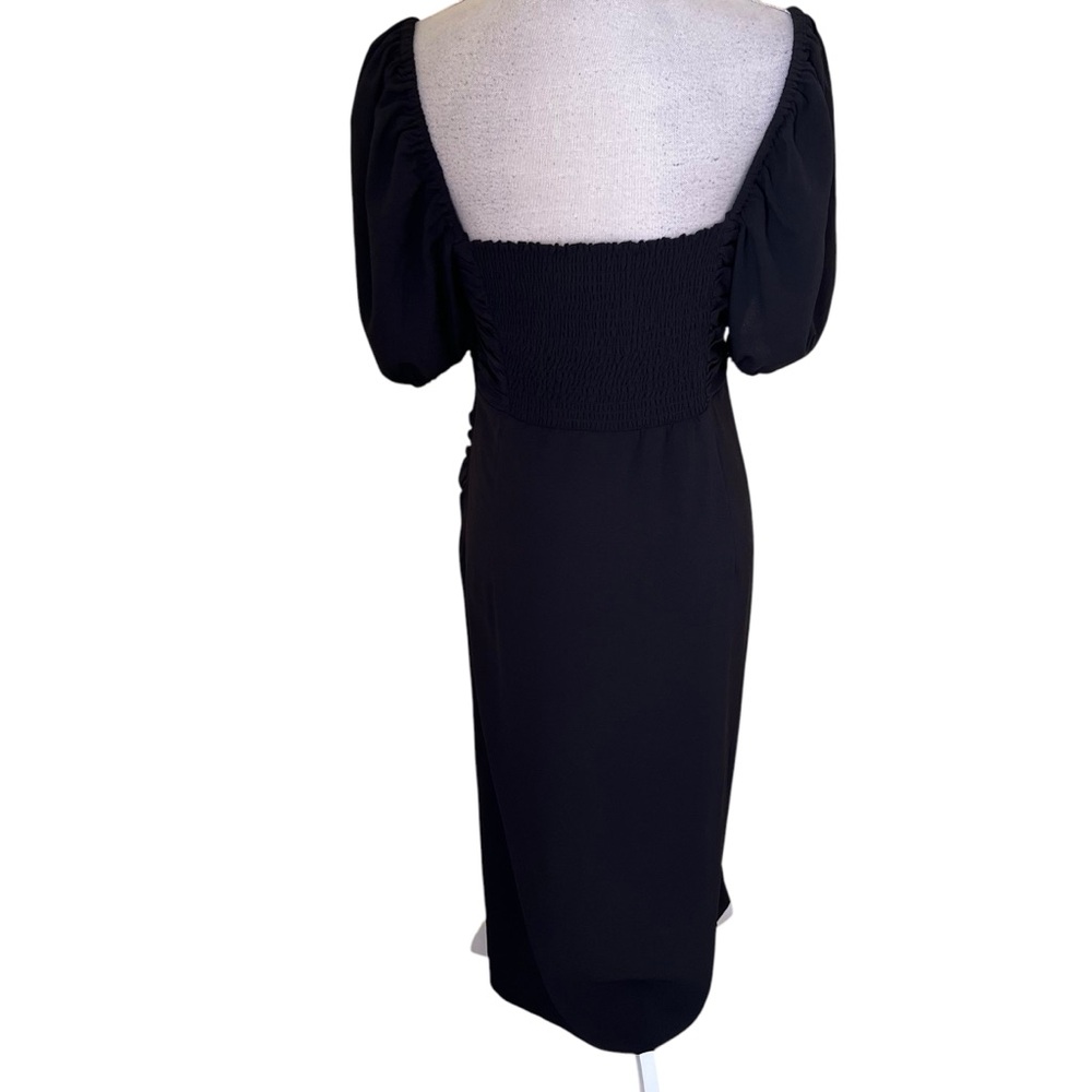 French Connection "Afina" Black Ruched Puff Sleeve Midi Dress with Slit M - Picture 11 of 15
